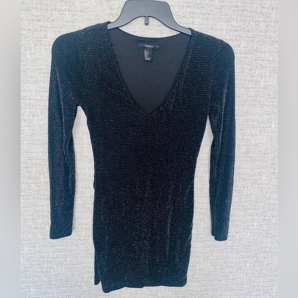 FOREVER 21 Black Multi Color Bodycon Mini Dress SMALL Long Sleeve  Sheer V-Neck